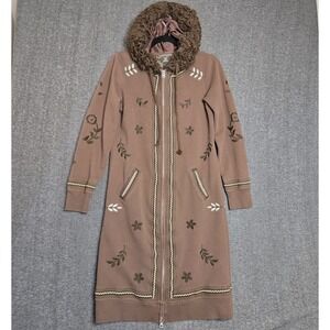 VTG Lucky Brand Embroidered Faux Fur Trim Hoodie Duster Zip Dress Womens M Brown